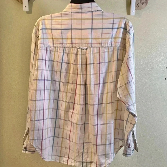 LizWear Sz M Off White Colorful Windowpane Plaid Button Shirt Top 100% Cotton - Picture 2 of 7